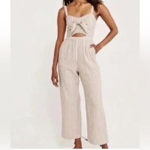 Abercrombie Striped Tan linen blend Jumpsuit cutout
